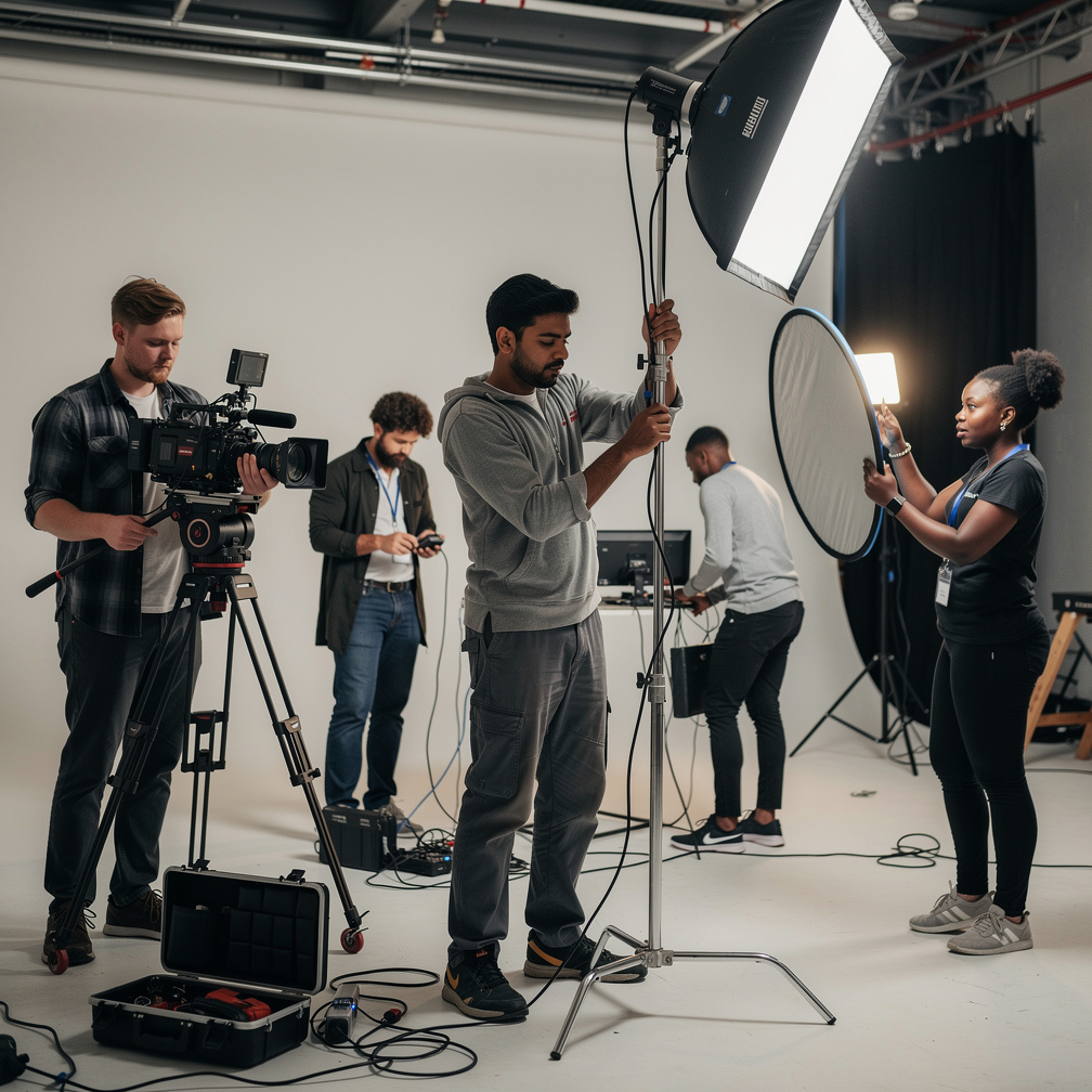Camera and lighting crew working together on set during a video production