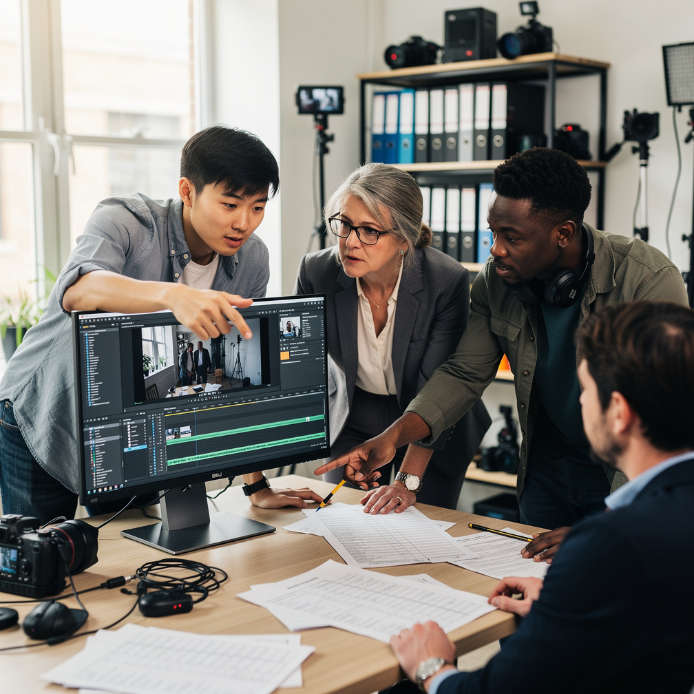 Production team planning a video shoot around a monitor and shot list