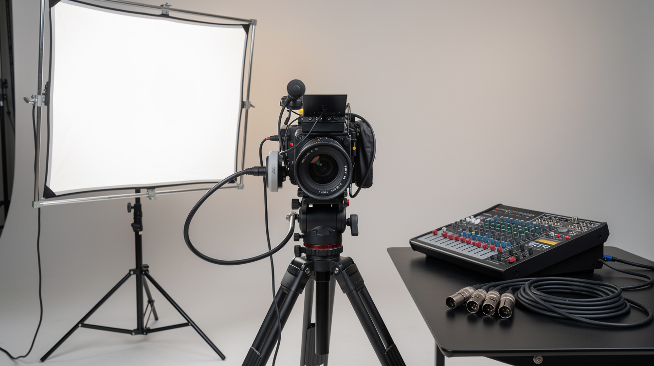 Professional video camera and lighting equipment arranged in a studio