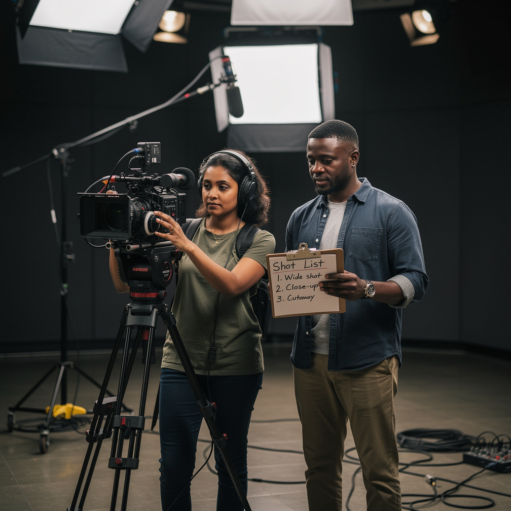 Television production crew coordinating a multi-camera shoot in a professional studio