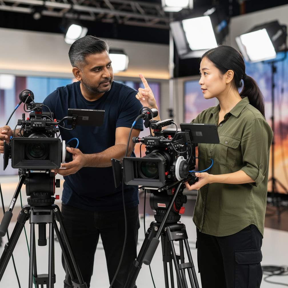 Two camera operators coordinating angles during a multi-camera shoot