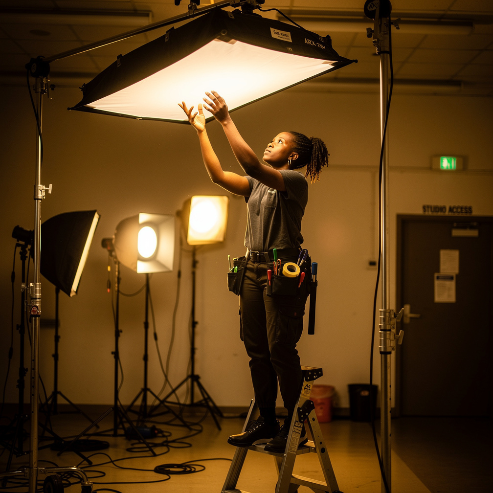 Lighting technician adjusting a studio light rig before filming