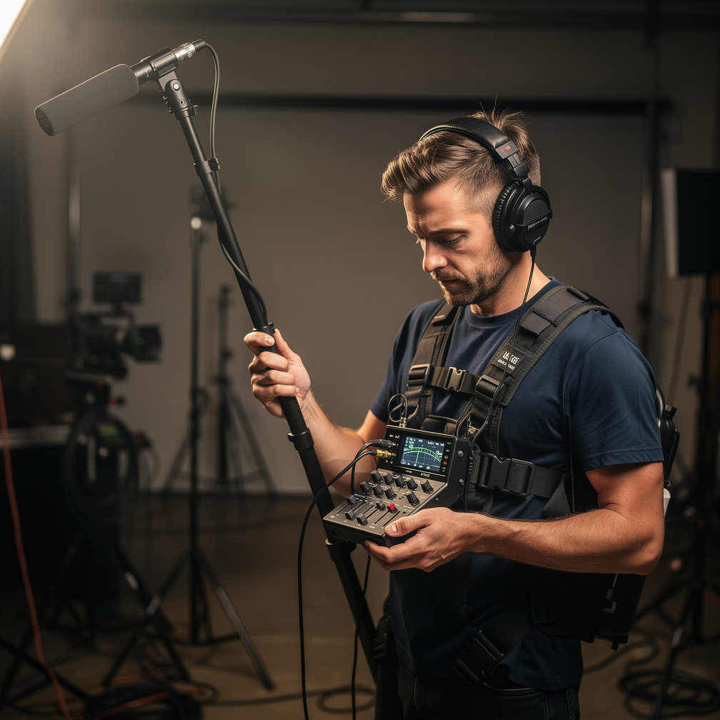 Sound engineer conducting an audio check with a boom microphone
